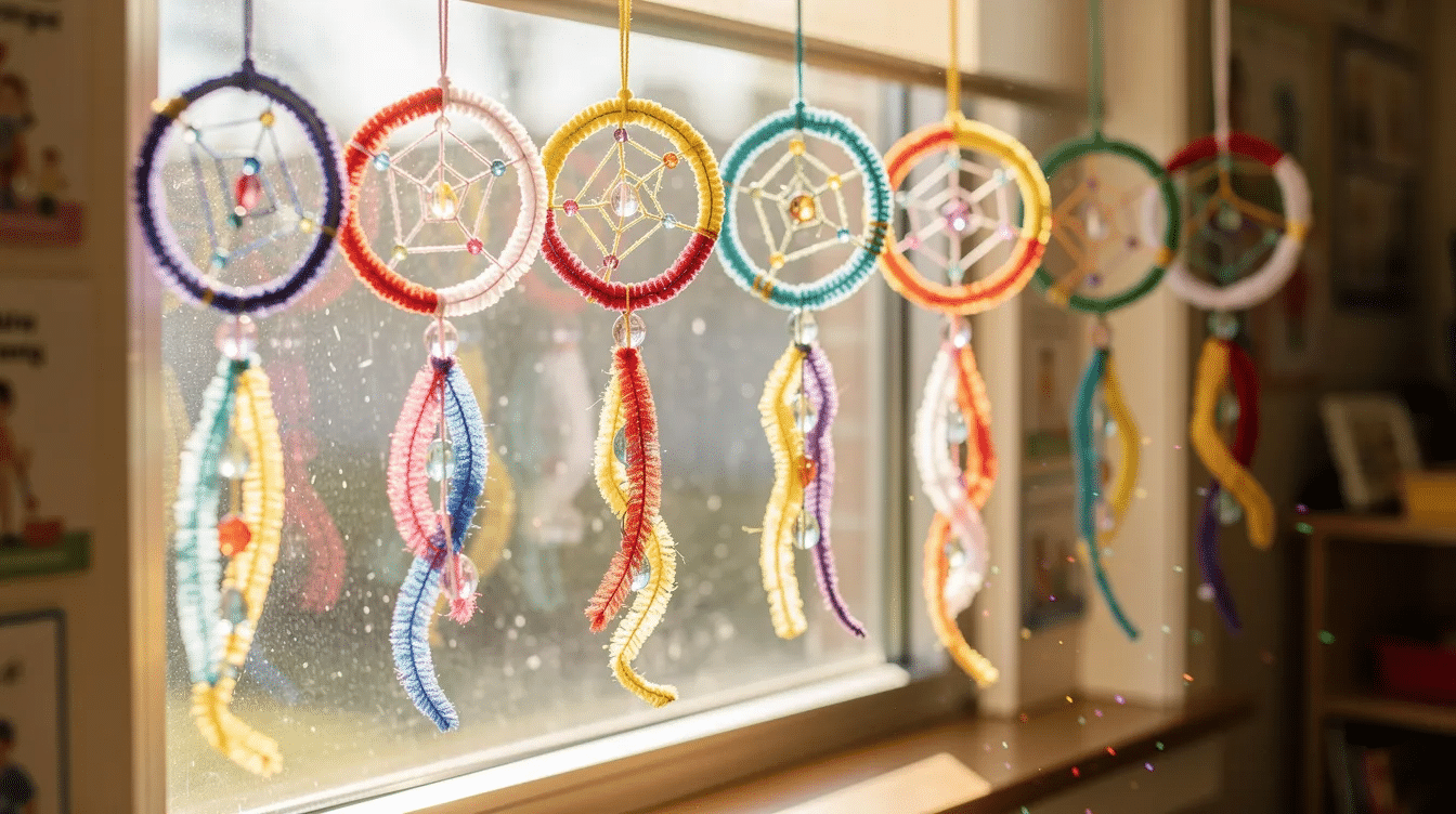 1c113a00-f13a-4455-bd9c-60a7c46d464c A row of small, colorful pipe cleaner dreamcatchers hangs along a sunny classroom window, with sunlight filtering through the beads and casting playful shadows. Each dream catcher features a circular design adorned with feathers and vibrant pipe cleaners, creating a cheerful atmosphere.