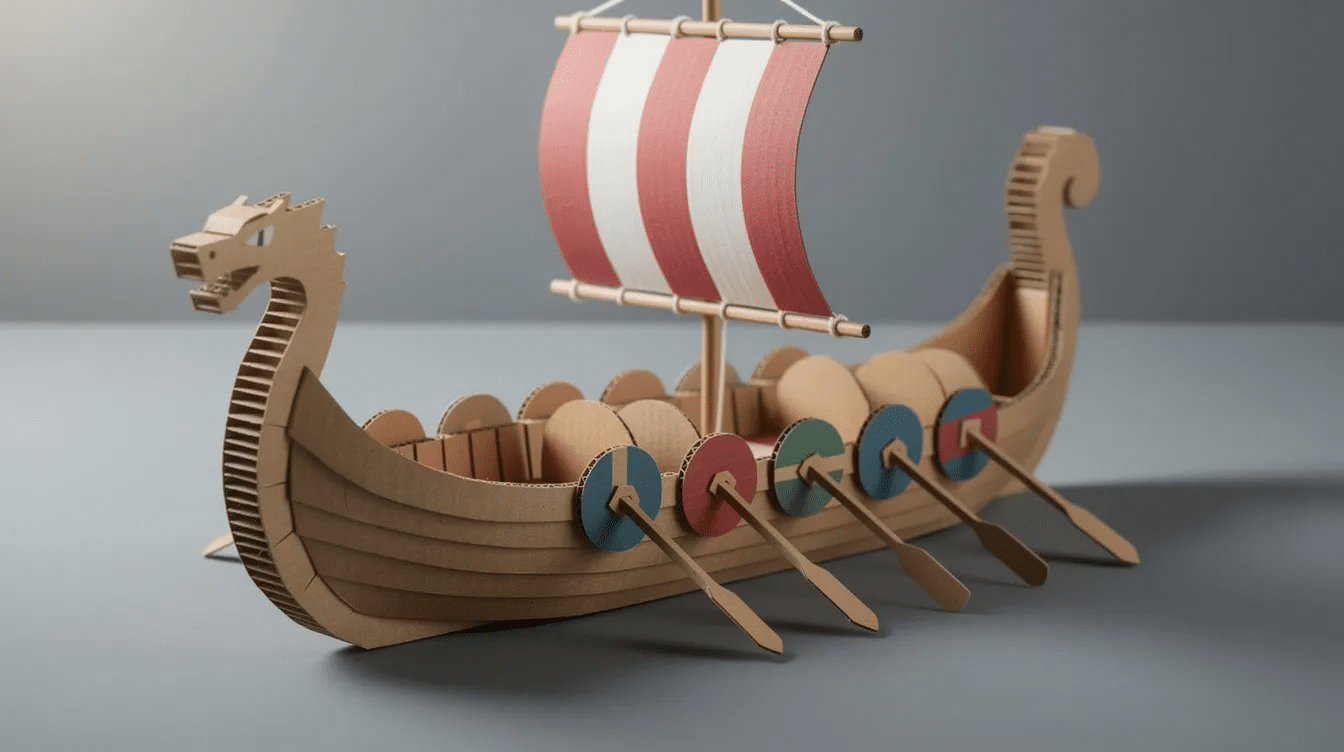 1c655a49-4a57-44e8-a07d-a35a50e06fde The image features a cardboard viking longship meticulously crafted with brown paper and wooden skewers, showcasing a dragon head at the prow. The ship is adorned with oars and a sail, embodying the adventurous spirit of the Vikings, and is set against a playful backdrop, inviting kids and friends to join in the fun of DIY construction.