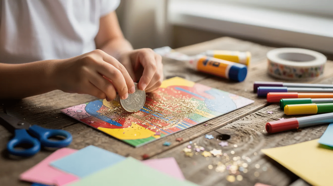1c783537-5ff5-45cc-8f60-52a92fe5a799 A child's hands are using a coin to scratch off areas of a colorful DIY scratch card on a wooden table, with various craft supplies like stickers and tape scattered nearby, creating a fun and creative atmosphere for crafting.