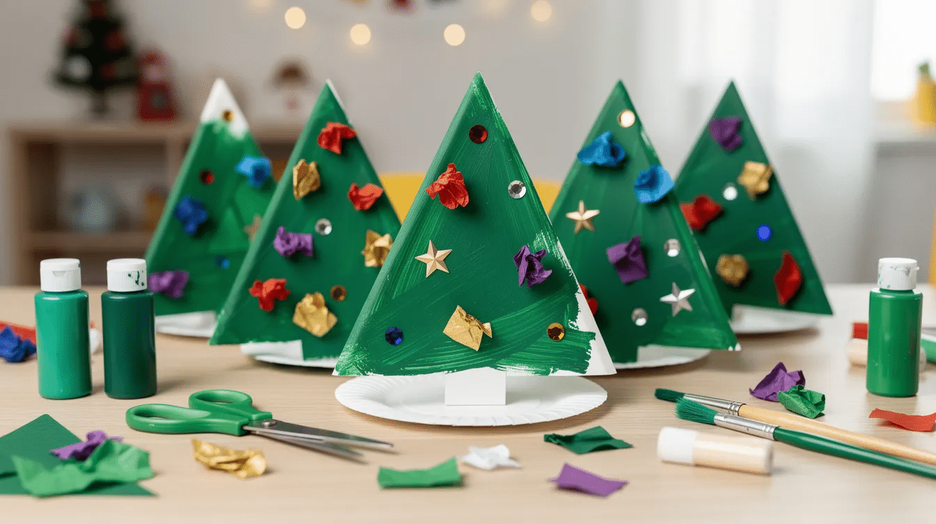 1cd420f3-3a67-4fde-a207-70fec1d6120b The image features a colorful paper plate transformed into a standing Christmas tree, decorated with vibrant tissue paper and various ornaments. This easy Christmas craft is perfect for young kids, encouraging creativity and fun during the holiday season.