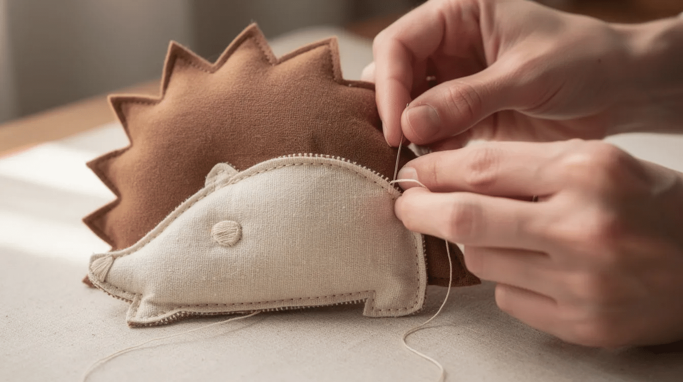1f2b99ee-1ca6-4933-a9a4-a510ed2af9fa A close-up view of hands skillfully sewing a curved seam on adorable brown and cream hedgehog-shaped fabric pieces, showcasing the intricate details of the stitching process. The scene captures the essence of creating a cute hedgehog pillow, emphasizing the care and precision involved in crafting this charming item.