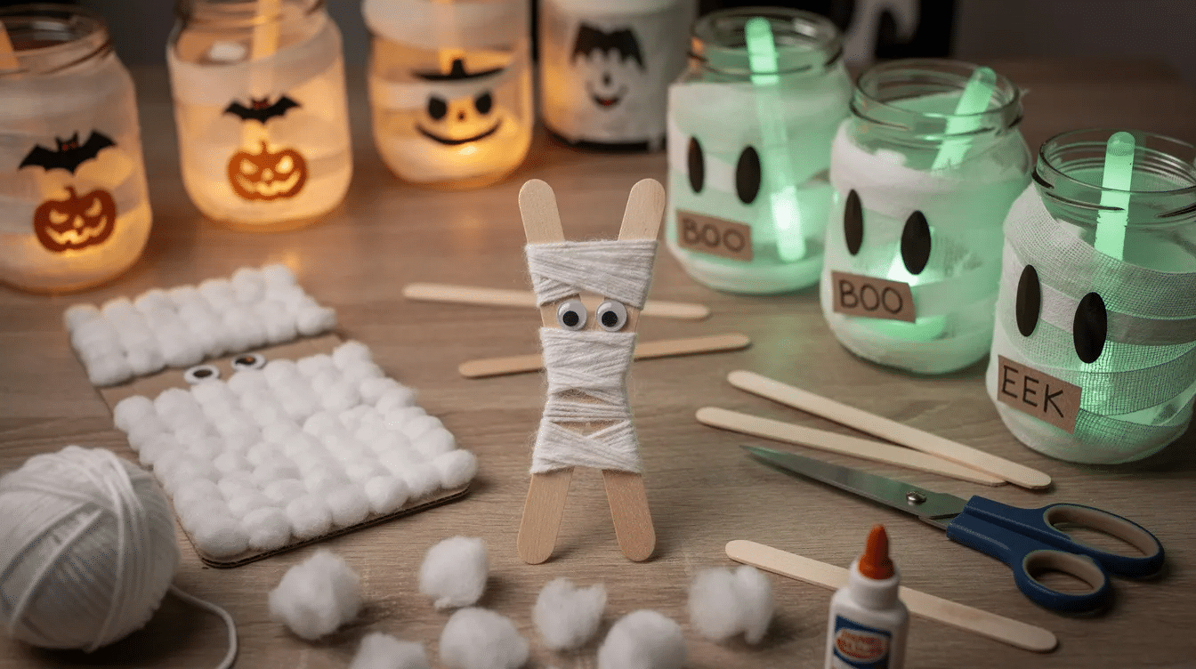 1f2df772-c5ba-4640-94c1-cbdb2a1988fe This image features a fun Halloween craft where a mummy figure is created using popsicle sticks wrapped in white yarn, adorned with googly eyes peeking through the layers. The craft is perfect for kids and showcases the creativity and excitement of the spooky season, making it an ideal project for Halloween parties or family activities.