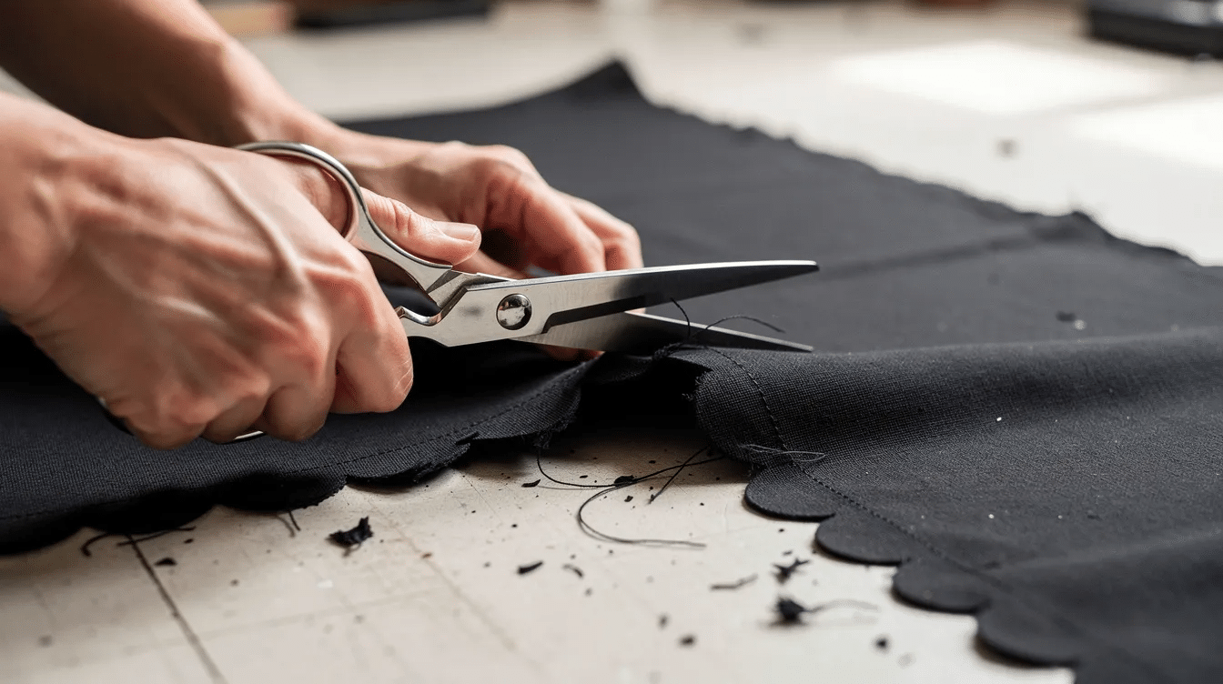 202d93d8-a80f-4b52-9981-ab9597ec9e70 A pair of hands is using fabric scissors to cut scalloped edges into a piece of black fabric on a table, likely for a DIY bat costume. The fabric will be used to create bat wings or ears for an adorable Halloween costume.