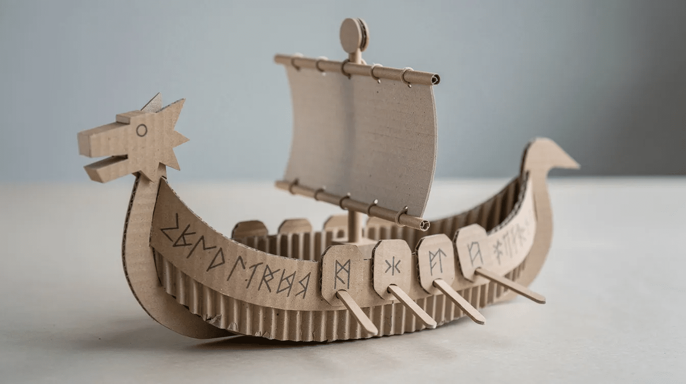 21451b09-482c-4d27-8122-1fb3152ba535 The image features a cardboard viking longship meticulously crafted with brown paper and wooden skewers, showcasing a dragon head at the prow. The ship is adorned with oars and a sail, embodying the adventurous spirit of the Vikings, and is set against a playful backdrop, inviting kids and friends to join in the fun of DIY construction.