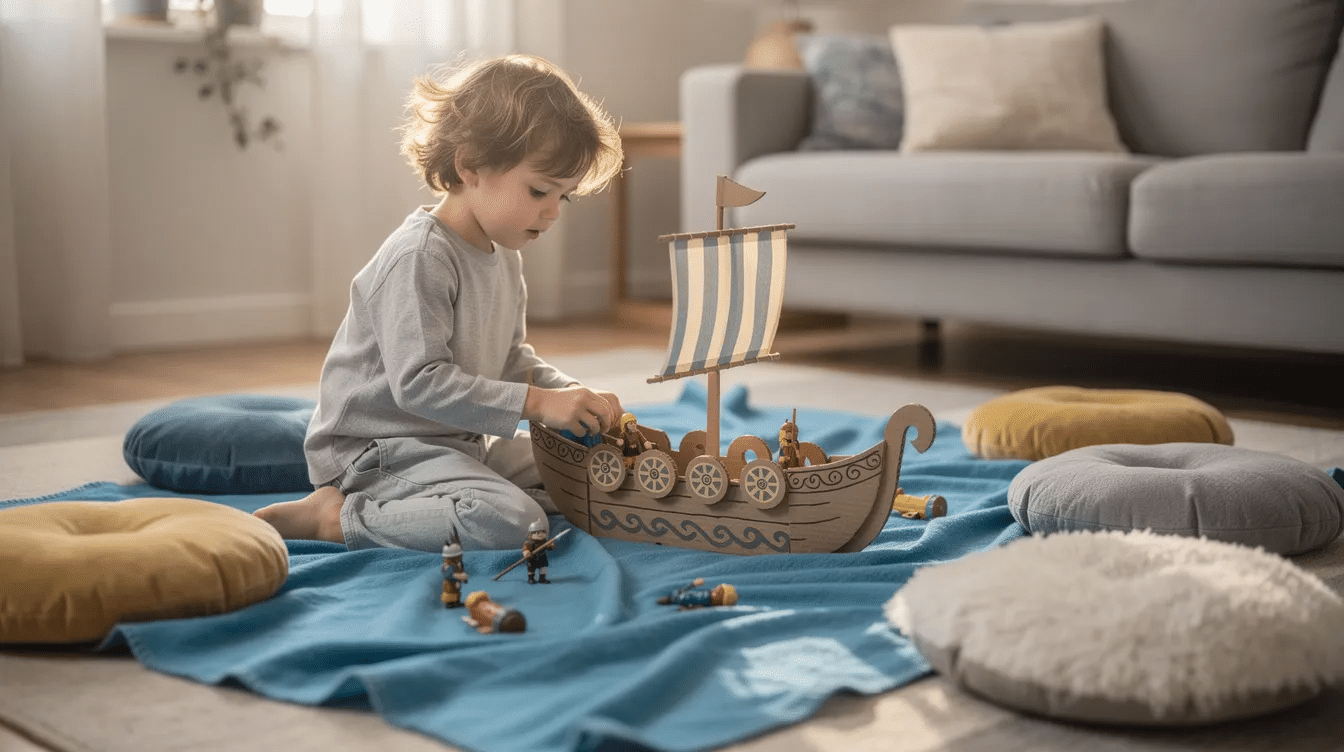 2163f19a-e964-4fd8-baa4-d15174c1d415 A child kneels on the floor next to a blue blanket resembling a sea, joyfully playing with a decorated cardboard Viking longship, complete with a dragon head prow and colorful sails, surrounded by soft cushion islands. The scene captures the wonder of imaginative play, showcasing the child's creativity with this DIY viking ship craft.
