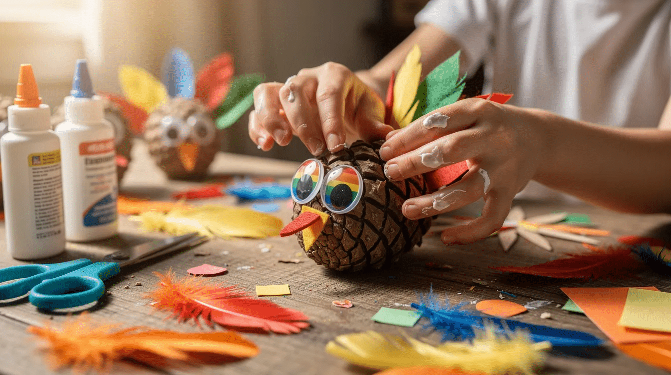 22299250-b27a-45f9-963c-2161adec0d6a A child's hands are busy assembling a colorful pinecone turkey craft on a table, featuring vibrant feathers and googly eyes, perfect for fun fall crafts. This creative project showcases the joy of making adorable autumn decorations with friends and family.