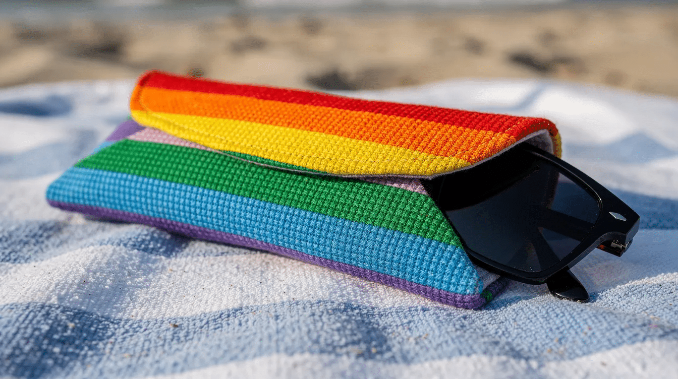 22c033d3-f8fa-4506-b375-9c72ea4bc59e A finished handmade cross stitch sunglasses case features bright rainbow stripes and holds a pair of sunglasses partially tucked inside, resting on a beach towel. This stylish needlepoint project showcases the fun and creativity of crafting your own personalized needlepoint sunglasses case.