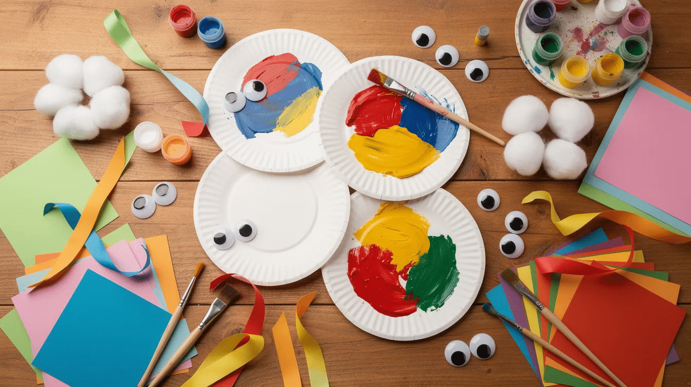 22d0759d-118f-4a77-b40a-ad5a9166399d The image features a vibrant assortment of craft supplies, including colorful construction paper, paper plates, paint, cotton balls, and googly eyes, all spread across a wooden table, perfect for engaging kids in easy Halloween crafts. This delightful collection inspires creativity and fun, making it ideal for a Halloween party or a spooktacular haunted house project.