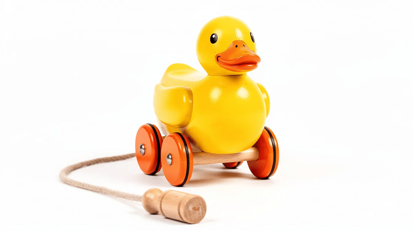 22ea865f-4e00-40d6-ad8d-b0a65d55bb91 The image features a cute pull along duck toy made of wood, designed for toddlers to enhance their gross motor skills. It has wheels that allow it to roll freely when pulled by a string, and its charming shape and bright paint make it an appealing addition to any child's play environment.