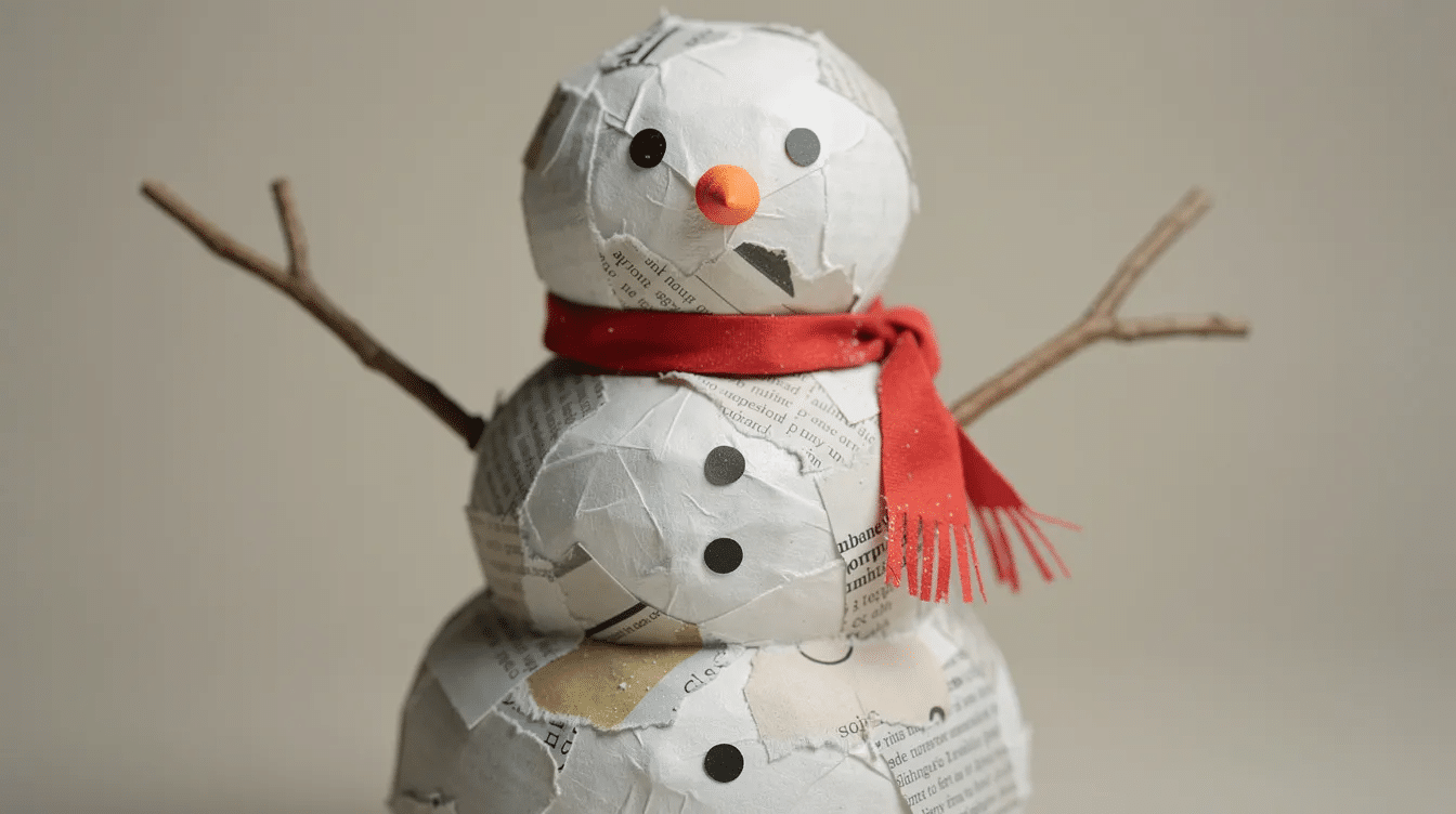 23749ba5-7dae-4cd6-a9c3-e582095a8030 The image features a cheerful paper mache snowman adorned with a colorful scarf and a carrot nose, showcasing layers of paper mache clay and small paper strips. It stands on a snowy surface, surrounded by festive decorations, illustrating a fun and creative kids' project for the holiday season.