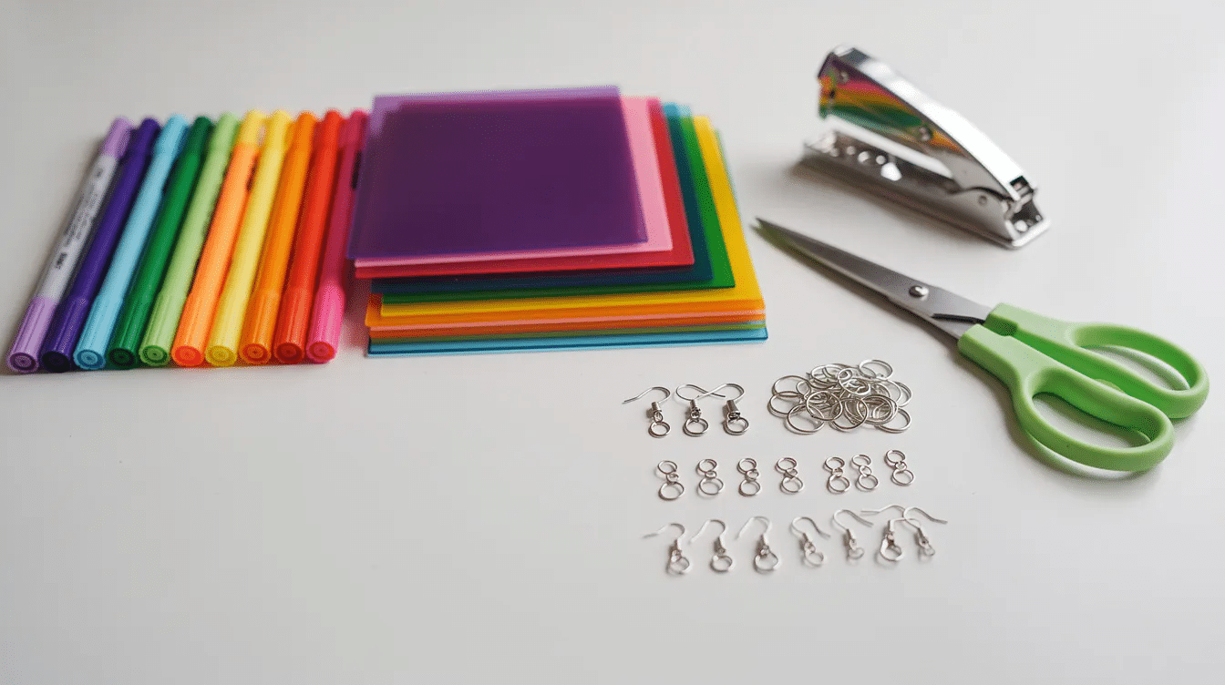 239a2857-6df8-40a5-99b0-b2c20fa25567 A bright table is filled with neatly arranged craft supplies, including colorful marker pens, sheets of translucent shrink plastic, scissors, a hole punch, and small metal jewellery findings, perfect for creating DIY plastic jewelry and charms. This vibrant setup invites creativity and fun in crafting projects.