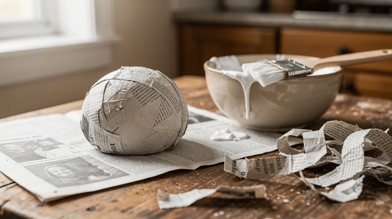 23b58217-6245-4f1a-870a-f2f0a86adaad A round paper mache shell sits on a layer of newspaper next to a bowl of white paste and torn newspaper strips on a kitchen table, ready to be transformed into a DIY ghost piñata for Halloween festivities. This setup includes essential materials for creating a fun and delightful party decoration that kids and adults can enjoy together.