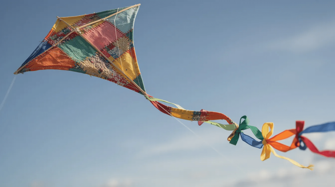 24216fbc-ec34-414c-96d4-34641bc59962 A colorful fabric kite made of durable ripstop nylon is soaring high in the sky, its kite tail fluttering gracefully in the wind. The kite features a lightweight frame constructed from wooden dowels, showcasing a fun design that captures the joy of flying kites.