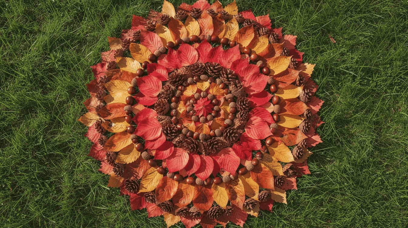 2430112d-a095-4eda-9d9d-6c2e813fa63d A beautifully symmetrical mandala crafted from vibrant red and yellow autumn leaves, along with small pinecones and acorns, is arranged in concentric circles on a lush green grass background. This creative project showcases the natural materials of fall and serves as a delightful example of autumn nature crafts.