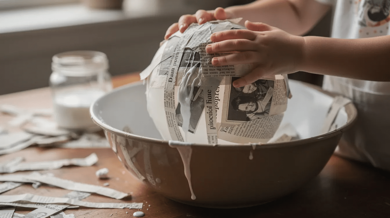 24f1634e-f23a-4422-935e-283540ac832e A child's hands are applying paste-soaked newspaper strips onto an inflated balloon, which is resting in a mixing bowl, as part of a fun paper mâché hot air balloon project. The process involves layering the strips to create a sturdy form that will later be decorated with paint.
