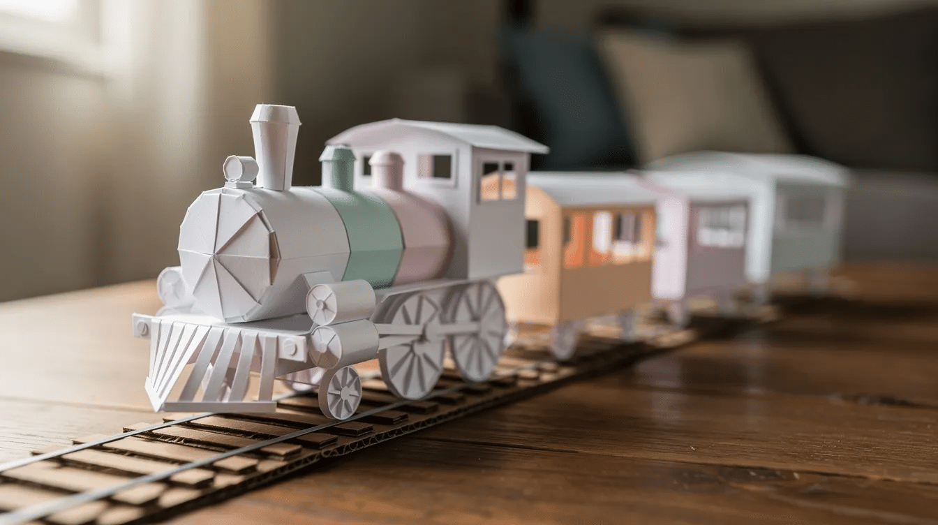 254d7f1f-dd30-47e6-8434-db14c6b95b16 The image shows a colorful paper train made from construction paper, featuring a train engine and several train cars with wheels. This fun craft activity is designed for kids to enhance their fine motor skills by cutting, folding, and gluing small pieces together.