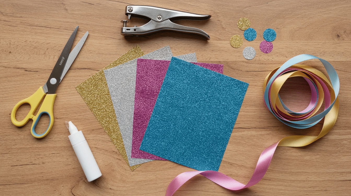 A flat lay of vibrant craft supplies is displayed on a wooden table, featuring glitter card sheets, scissors, a hole punch, a glue stick, and colorful ribbon, ideal for creating a happy birthday banner. The arrangement suggests a fun and creative process for making personalized decorations.