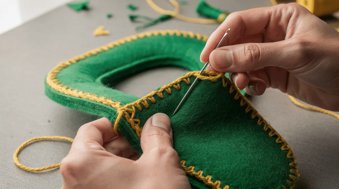 2614eca5-f830-4ac9-b2fb-065127357634 A close-up view of hands sewing the edge of a bright green felt letter using a blanket stitch with yellow embroidery thread, showcasing the intricate details of this felt project. The image captures the creative process of making felt alphabet letters, perfect for craft projects and educational activities.