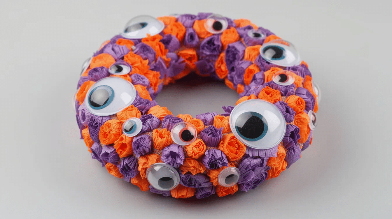26f5cdce-e130-43e8-ba13-252e41f207df A close-up view of a round Halloween wreath made from scrunched purple and orange tissue paper, adorned with large googly eyes scattered all around it. This spooky Halloween decoration is perfect for adding a festive touch to your front door during the Halloween season.