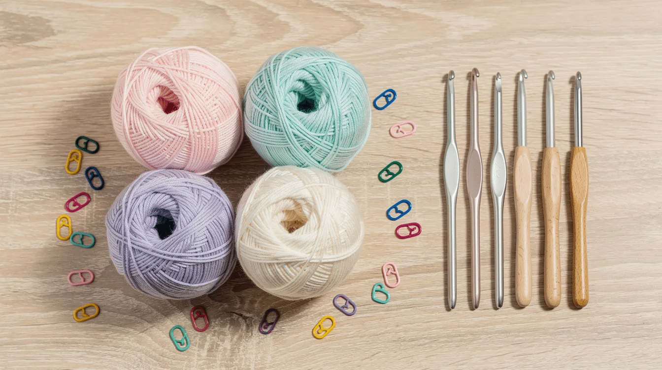 27cda377-a895-45ef-b58c-084e91457db1 The image features an assortment of pastel cotton yarn balls in various colors, neatly arranged next to crochet hooks and stitch markers on a light wooden table, creating an inviting scene for crafting a summer tote bag or beach bag. This setup provides inspiration for crocheters looking to create their perfect pattern using double crochet stitches.