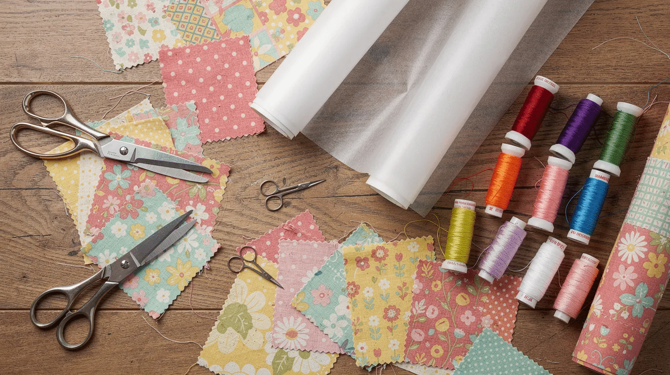 The image shows a flat lay arrangement of colorful fabric scraps, scissors, thread spools, and fusible web on a rustic wooden craft table, creating a vibrant scene ideal for holiday projects like making a Santa sack or gifts for kids at a party. This setup offers a variety of options for customers ready to find creative crafting items.