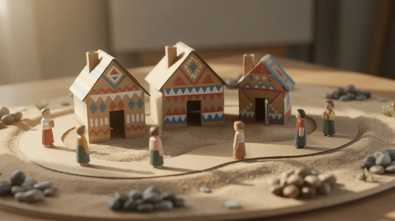 2808b7f4-5bf1-4246-8ec9-e66b1ee38899 The image depicts a miniature village scene featuring three small cardboard huts with geometric patterns, representing traditional African mud huts with mud walls. Surrounding the huts are sand paths, tiny pebbles, and small wooden toy figures, creating a playful atmosphere that invites exploration of African architecture and local materials.