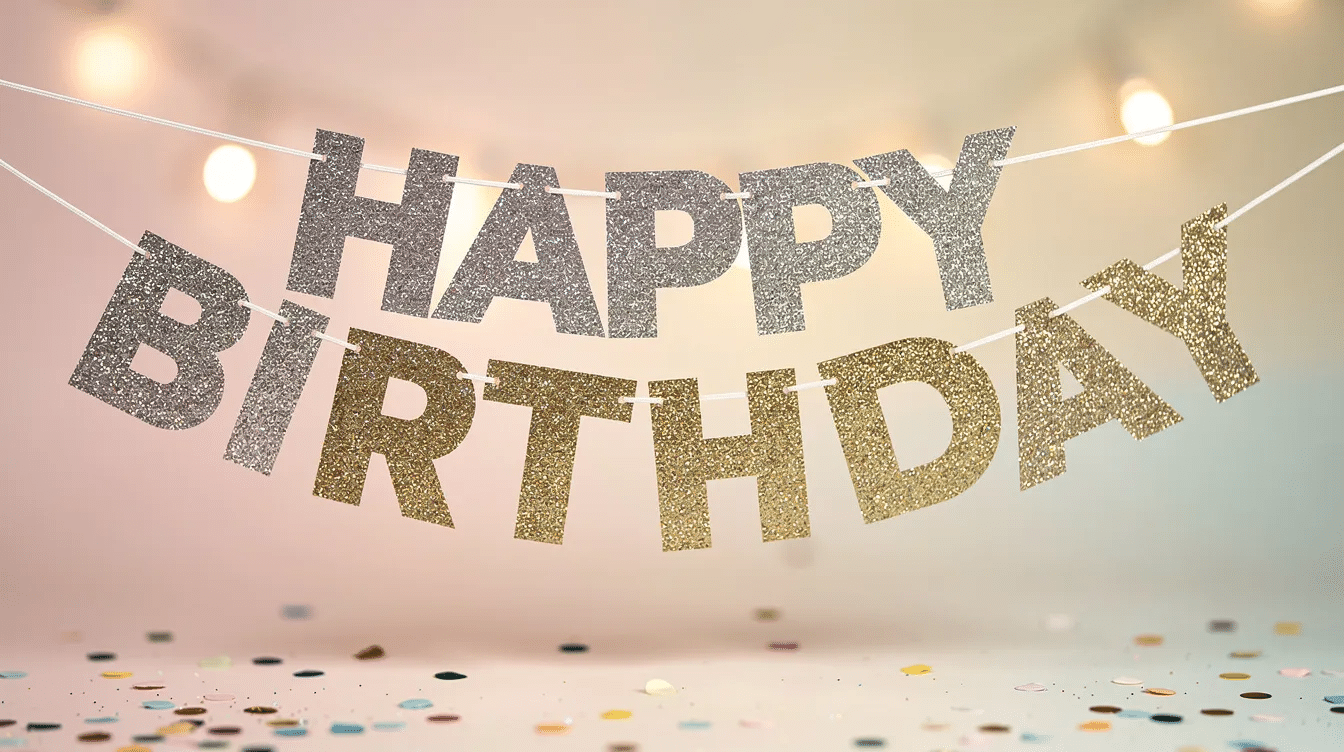 The image features a vibrant glitter birthday banner that spells out
