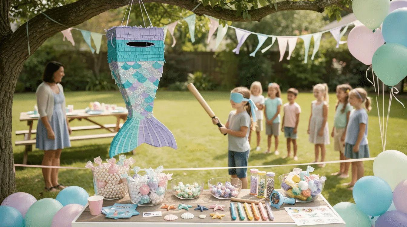 29134540-f2b7-4663-8870-603e3a68bd4d The image features a colorful mermaid tail piñata hanging from a string, ready to be filled with candy and ocean-themed goodies for a party. It showcases vibrant colors and a whimsical design, perfect for children's celebrations, inviting excitement as kids prepare to hit it while blindfolded.