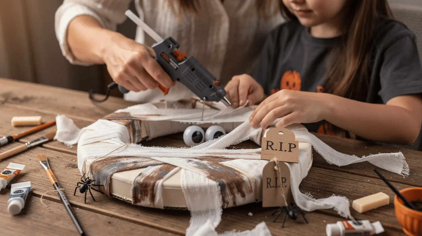 2b62a076-6e04-47d9-b251-fbb0e09da198 The image shows a spooky Halloween wreath crafted from a foam wreath base wrapped in white cheesecloth, resembling a mummy. Two large googly eyes peek out from behind the fabric, and a tiny