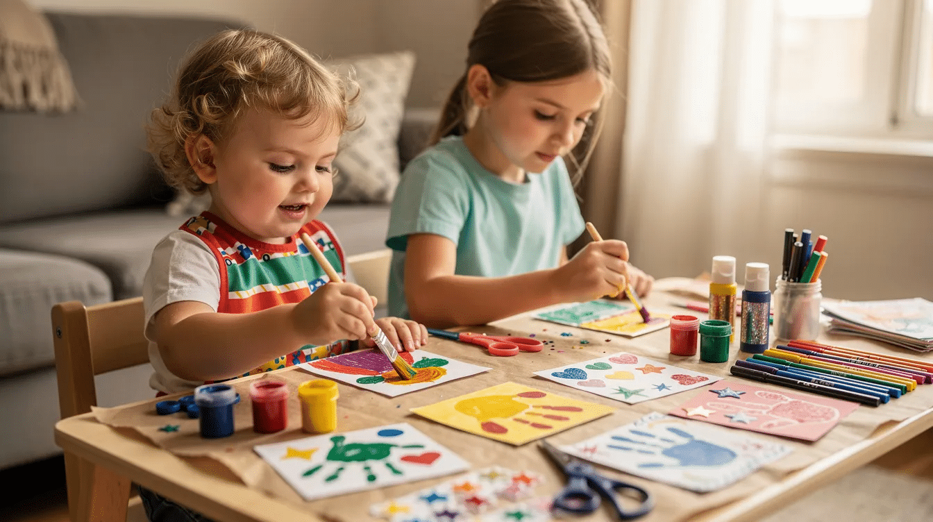 2b87142f-7252-4ea0-8085-9ad168b8de52 A toddler and an older child are joyfully sitting at a craft table, using acrylic paint to decorate colorful DIY scratch cards. They are surrounded by art supplies, creating a fun atmosphere filled with creativity and excitement.