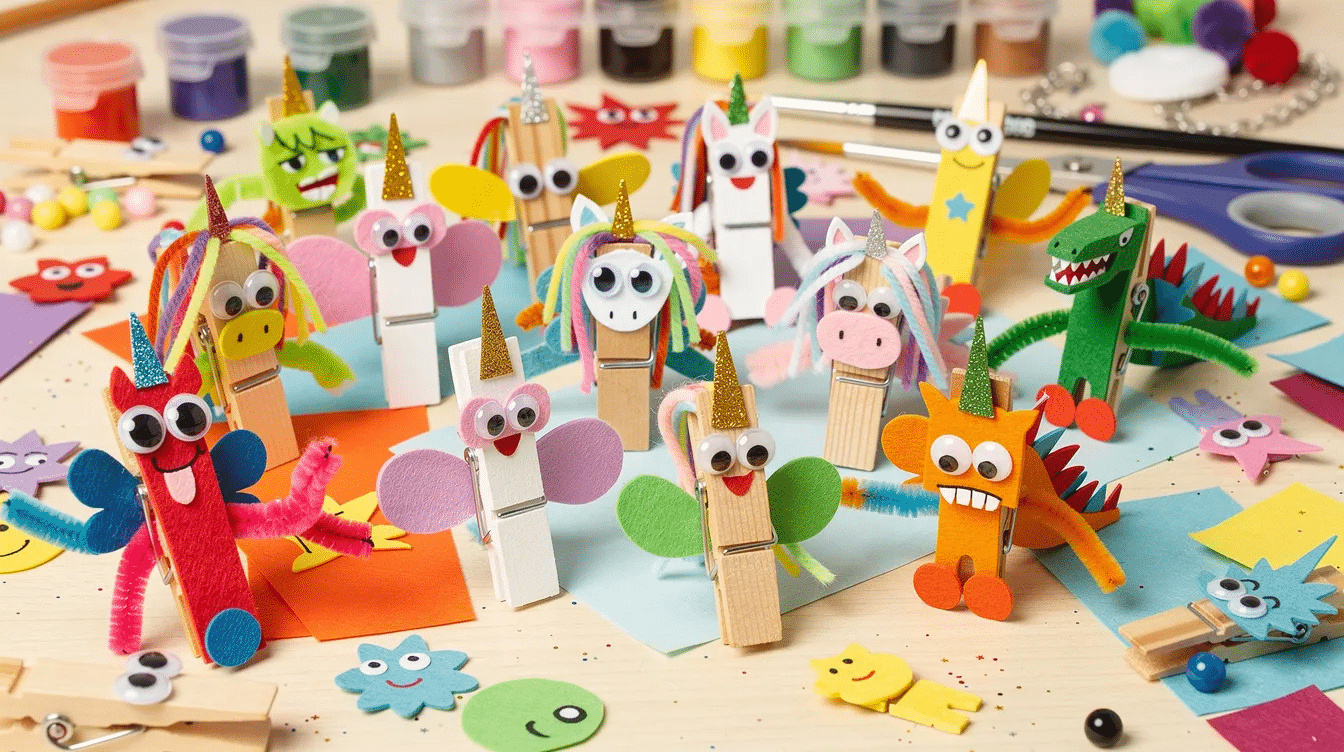 2c97d622-ecf4-4810-b680-c26fd92cacaf A colorful craft table displays a variety of wooden clothespin characters, including cute monsters, unicorns, and dinosaurs, all adorned with googly eyes. This fun way to create peg monsters encourages kids and families to explore their creativity using simple materials like glue and pegs.