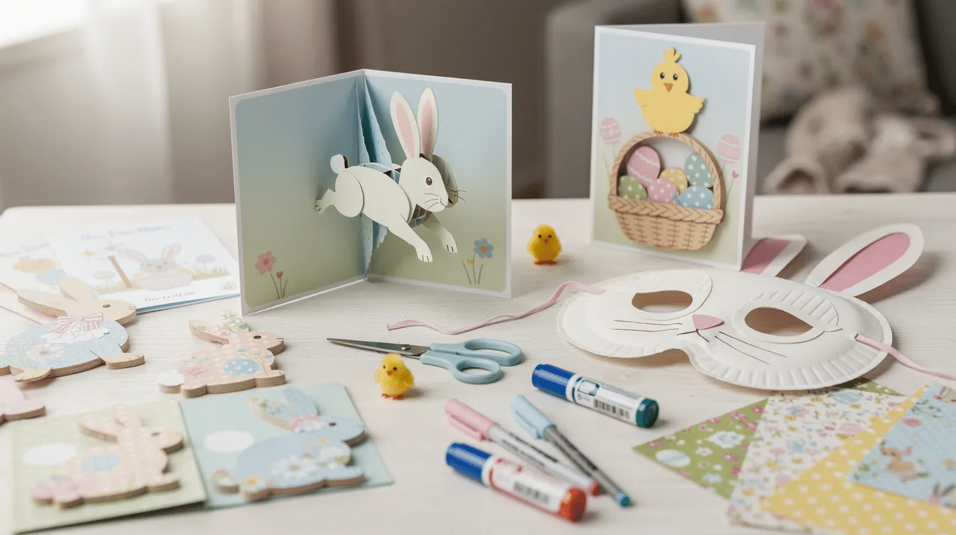 2ca618aa-2d2d-48ba-9a57-95b81636ac06 The image showcases a collection of interactive pop-up Easter cards featuring adorable Easter bunnies and baskets, perfect for kids to create as part of their Easter crafts. These handmade cards, designed for imaginative play, are a delightful gift option for grandparents during the Easter season.