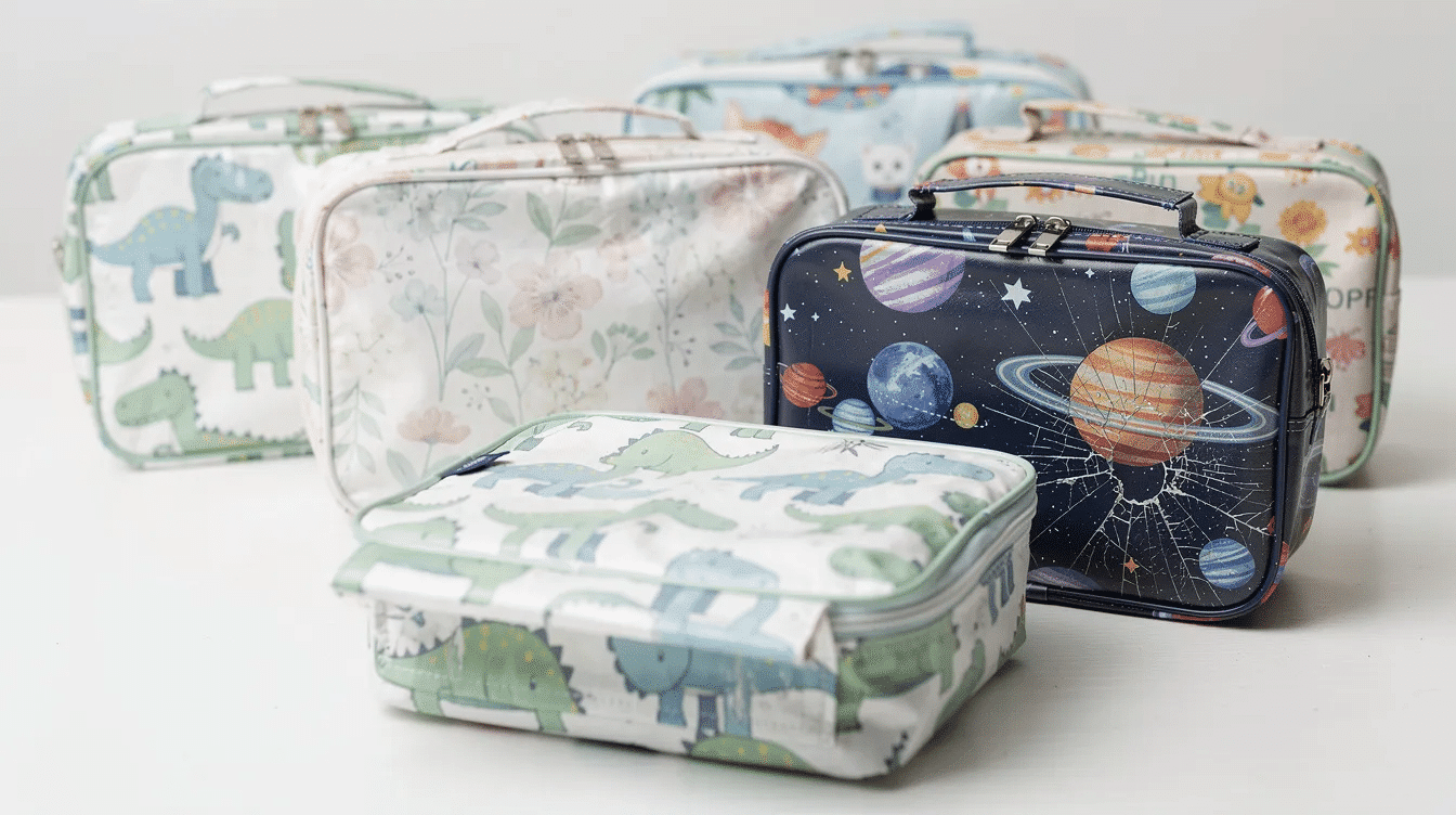 2cf7a418-25d6-41a5-b4af-2f718857dd01 The image features a collection of colorful printed vinyl lunch bags designed for children, showcasing various themes such as dinosaurs and space. These insulated lunch bags are durable and perfect for carrying snacks and meals, making them a convenient choice for school or outings.