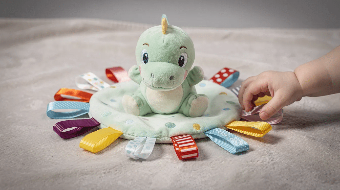 2d74e26a-1404-45cb-8a01-78225eab79d1 The image features a cute dinky dinosaur tag toy, designed for kids and made from soft fabric. It is small and lightweight, perfect for play, but contains small parts that may pose a choking hazard for young children.