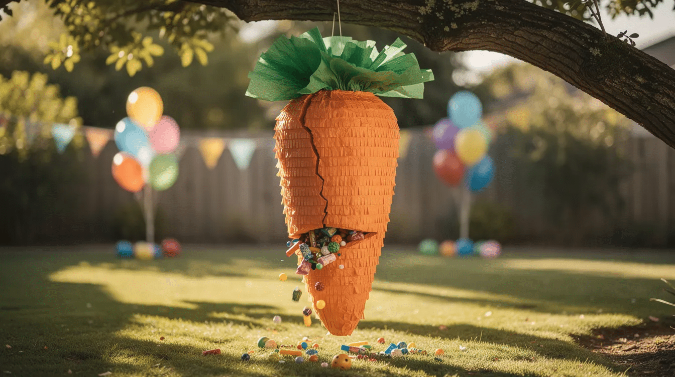 The image features a vibrant giant carrot piñata, perfect for an Easter-themed party, surrounded by multiple excited kids ready to take their turns. The piñata, designed to resemble a large orange carrot, hangs from a colorful backdrop, creating a fun and festive atmosphere.