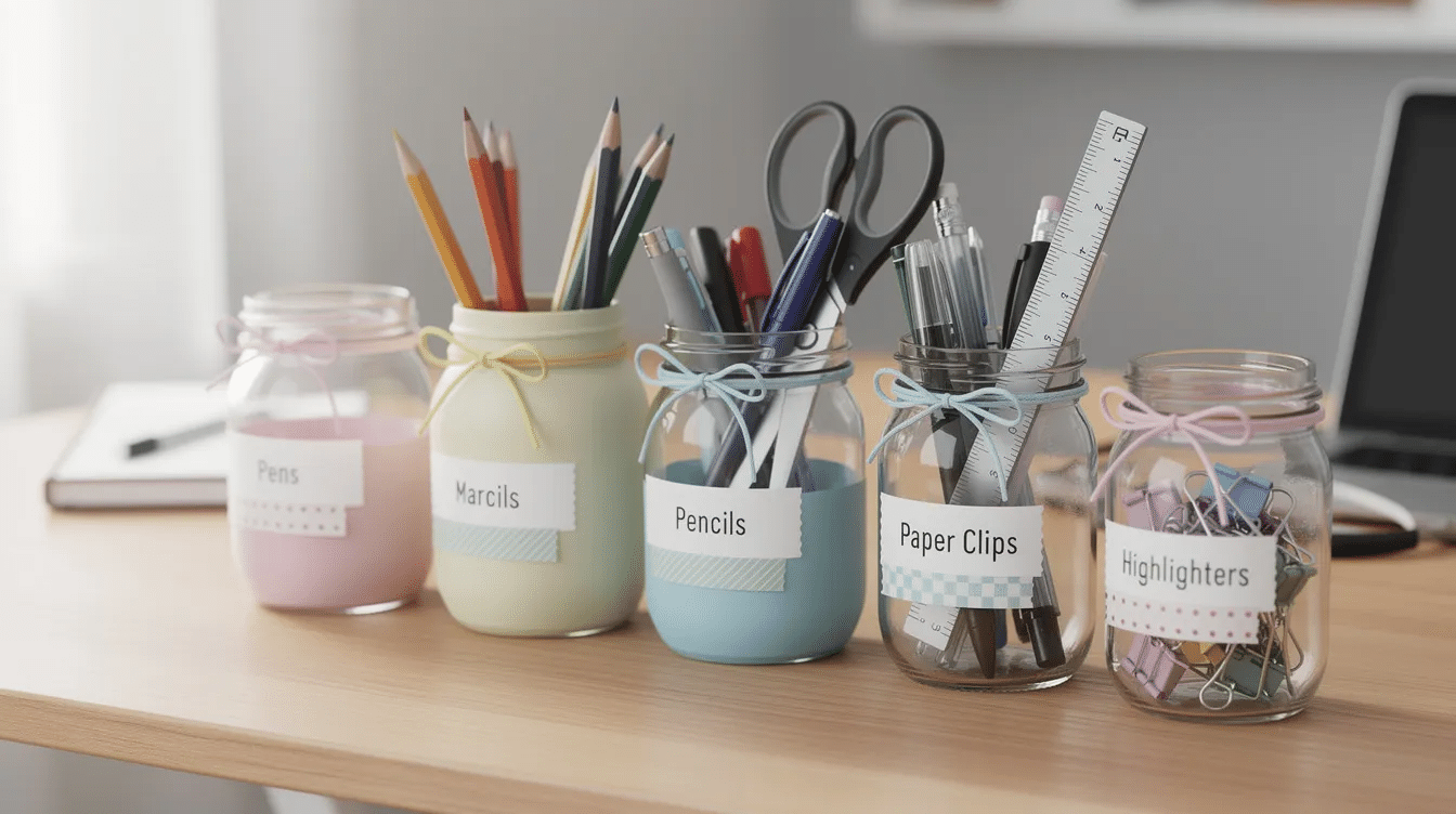 2e965954-1897-42fd-bb08-79069a7614fd The image features colorful Mason jar pencil holders used as a DIY desk organizer, adorned with paint and ribbon. Each jar is labeled with white labels or washi tape, effectively categorizing office supplies for a stylish and functional workspace.