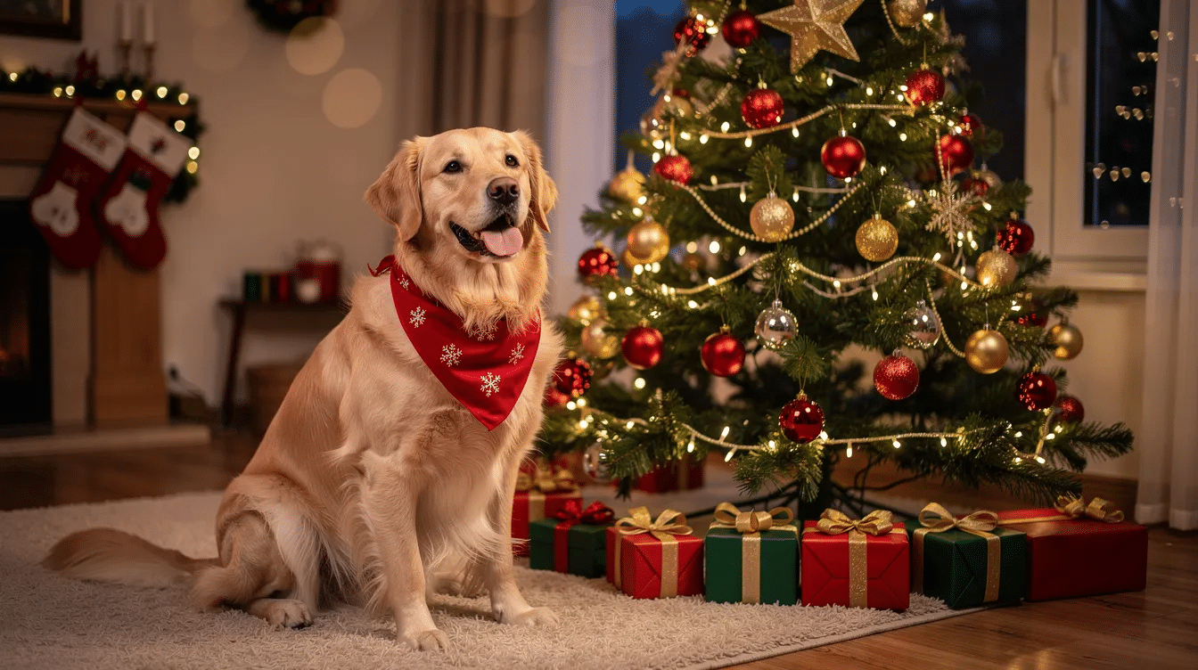 2eec89f5-5673-4580-8059-8f4887e371e1 A golden retriever wearing a red festive bandana sits beside a beautifully decorated Christmas tree, adorned with colorful ornaments and twinkling lights, creating a cozy holiday atmosphere perfect for family gatherings and gift exchanges.