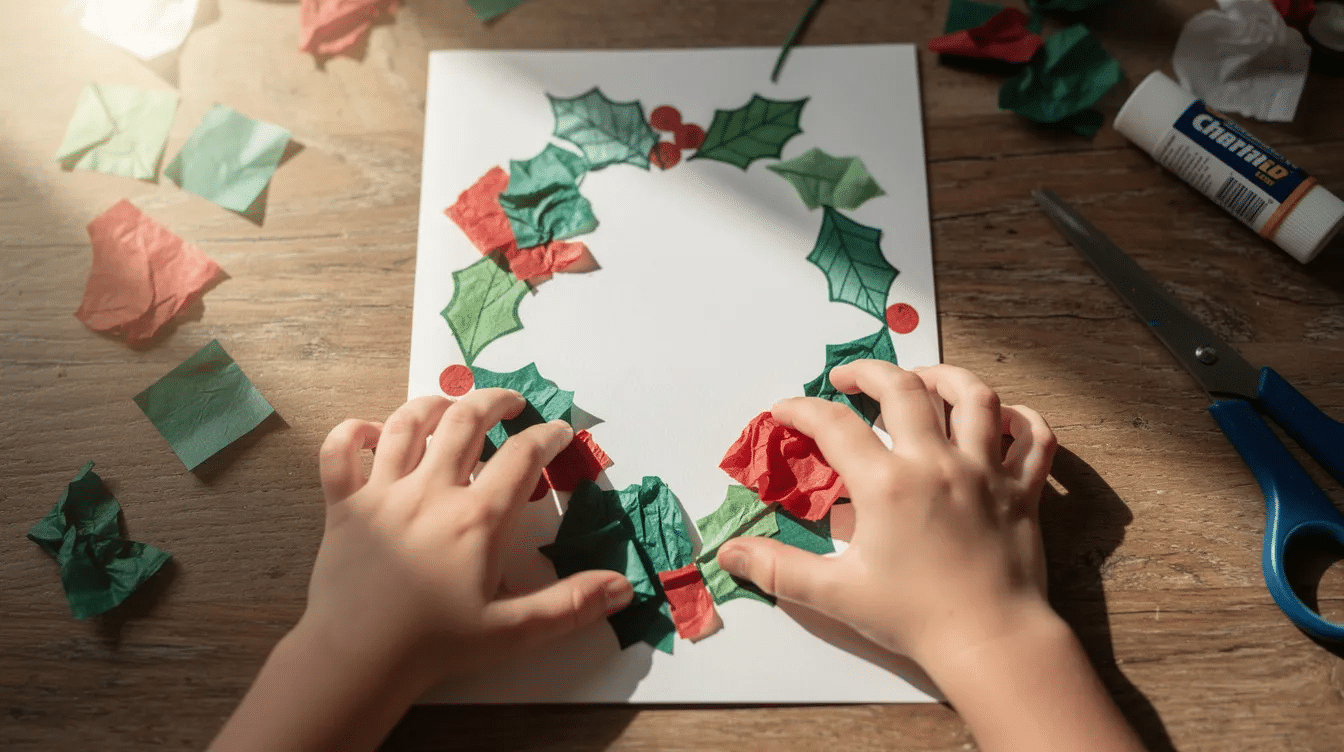 2f2f09ed-956f-487f-b036-3e324a799c50 A child's hands are carefully pressing small pieces of colorful tissue paper onto a card shaped like a holly leaf, creating a festive suncatcher that can be hung in a window to catch the light. The vibrant colors and playful activity evoke the joy of crafting decorations for the Christmas tree.