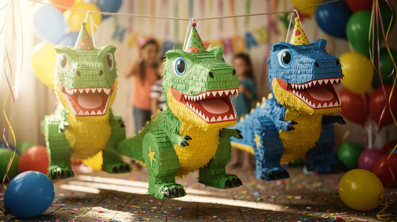 The image features a vibrant collection of T-Rex piñatas, showcasing various colorful designs perfect for kids' parties and events. Each dinosaur piñata is filled with candy and ready to add excitement to games, making it easy to discover and select the ideal product for your celebration.