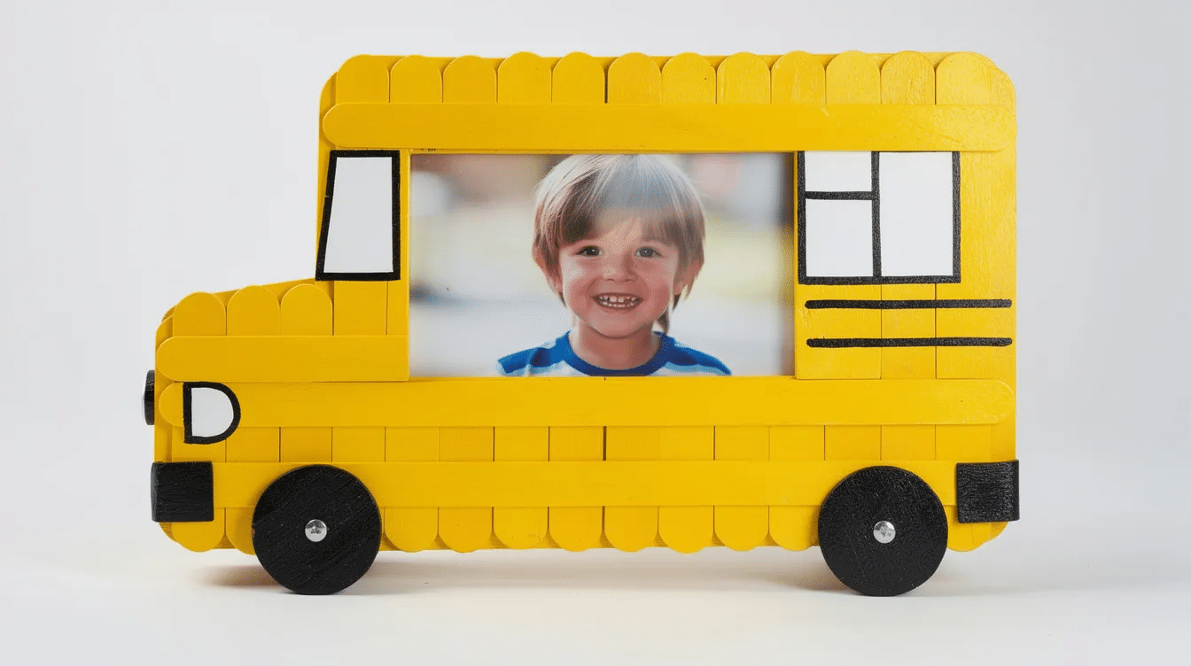 30847656-94f7-4eac-a08d-20145f8f28c1 A bright yellow school bus photo frame crafted from popsicle sticks features a child's photo in the center window, making it a fun and creative back to school craft idea for parents and kids. This cute school bus craft is perfect for displaying memories during the school year.