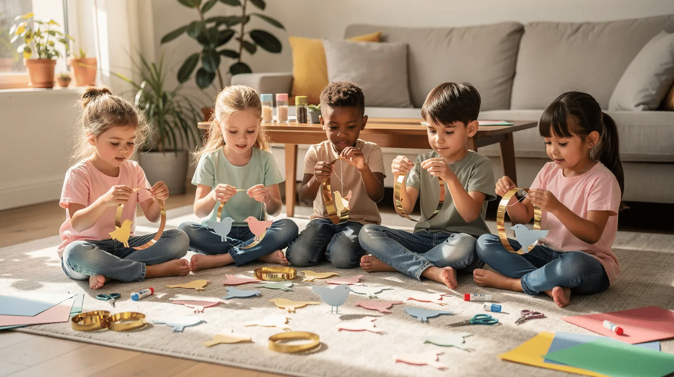 312c970e-e2ac-43c6-aacf-5b9291af00f1 A group of children sits on a cozy living room floor, surrounded by colorful paper bird cutouts and shiny gold paper rings, creating a festive atmosphere reminiscent of holiday traditions. The scene captures the joy and creativity of the Christmas season, perfect for family time and crafting together.