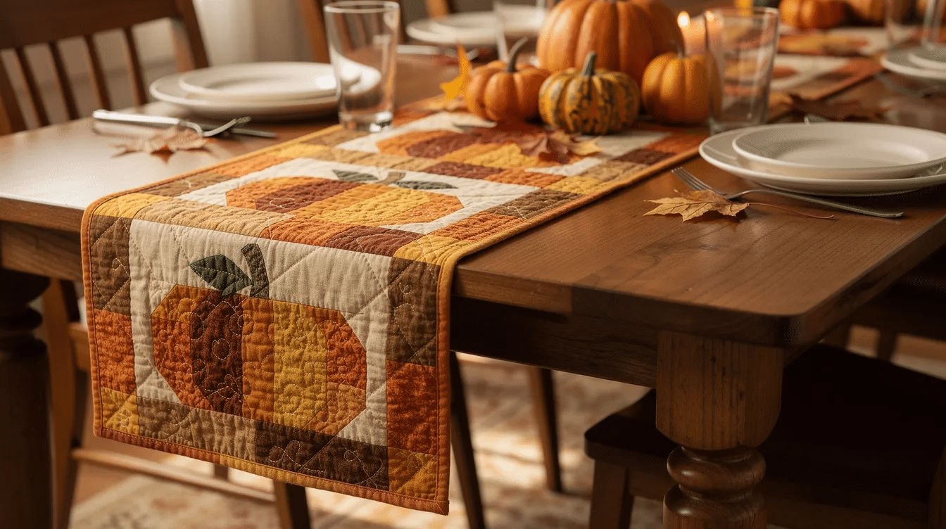 3170fae2-d3e6-44ab-ba78-d93be000a24c The image features a beautifully crafted Fall Pumpkin Table Runner, showcasing warm autumn colors and a patchwork design that includes playful pumpkin motifs. This super easy sewing project is perfect for adding a festive touch to your dining space during the fall season.