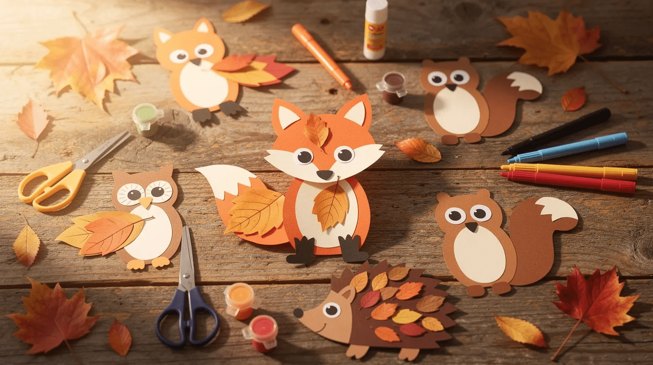31f86145-b2fa-4de5-9f6c-3878324fb573 The image features a variety of fun fall animal crafts made from construction paper, paper plates, and toilet paper rolls, showcasing adorable woodland creatures like owls and squirrels. This colorful display highlights easy fall crafts that preschoolers can enjoy, promoting fine motor skills and imaginative play while celebrating the fall season.