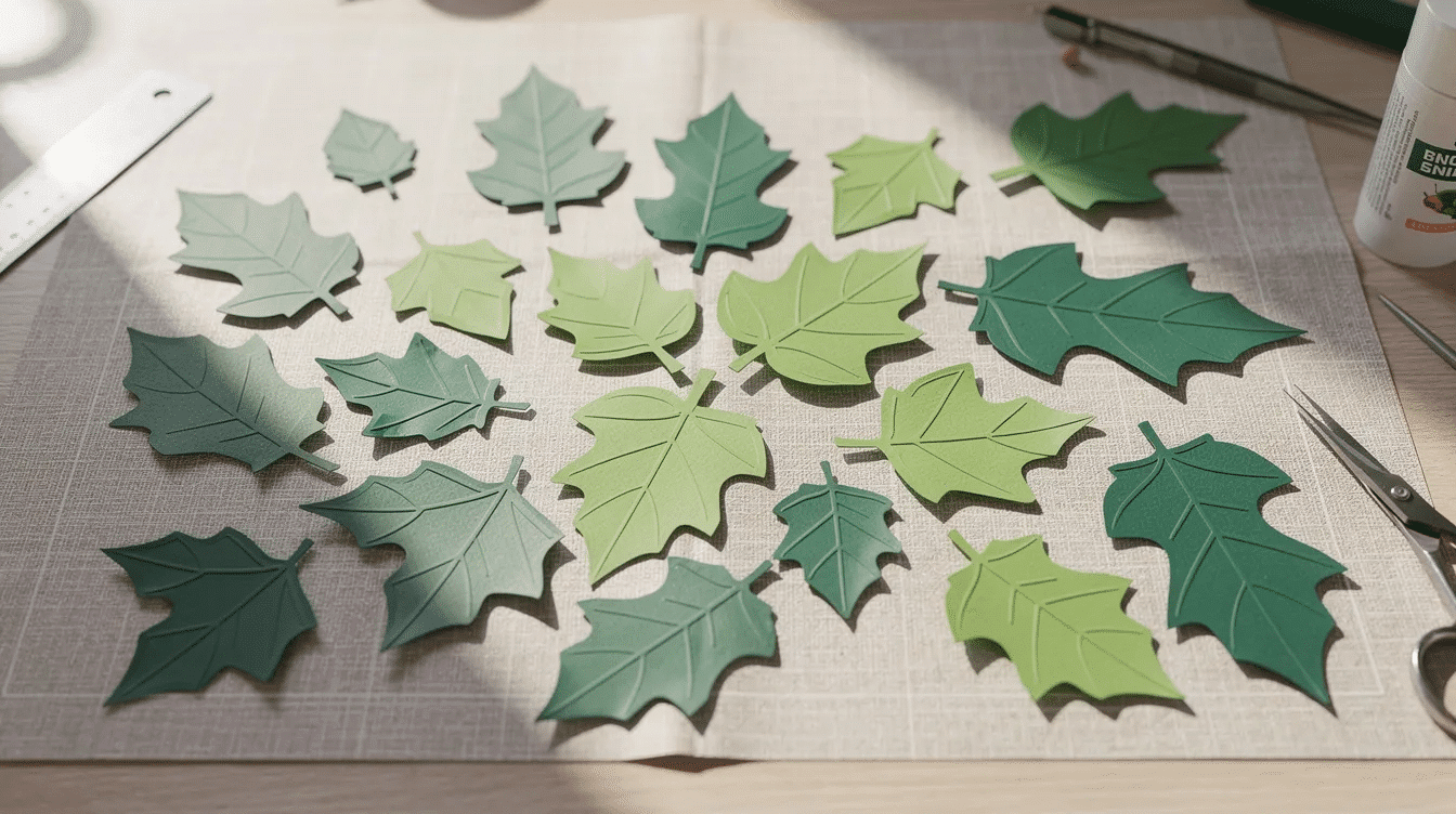 322f6ce3-e057-48c7-855c-137c08c50941 A variety of green holly and ivy leaf templates, cut from card, are neatly arranged on a craft table, ready to be transformed into beautiful 3D sun catchers for hanging in windows. The vibrant colors and intricate shapes suggest a festive project perfect for the holiday season.