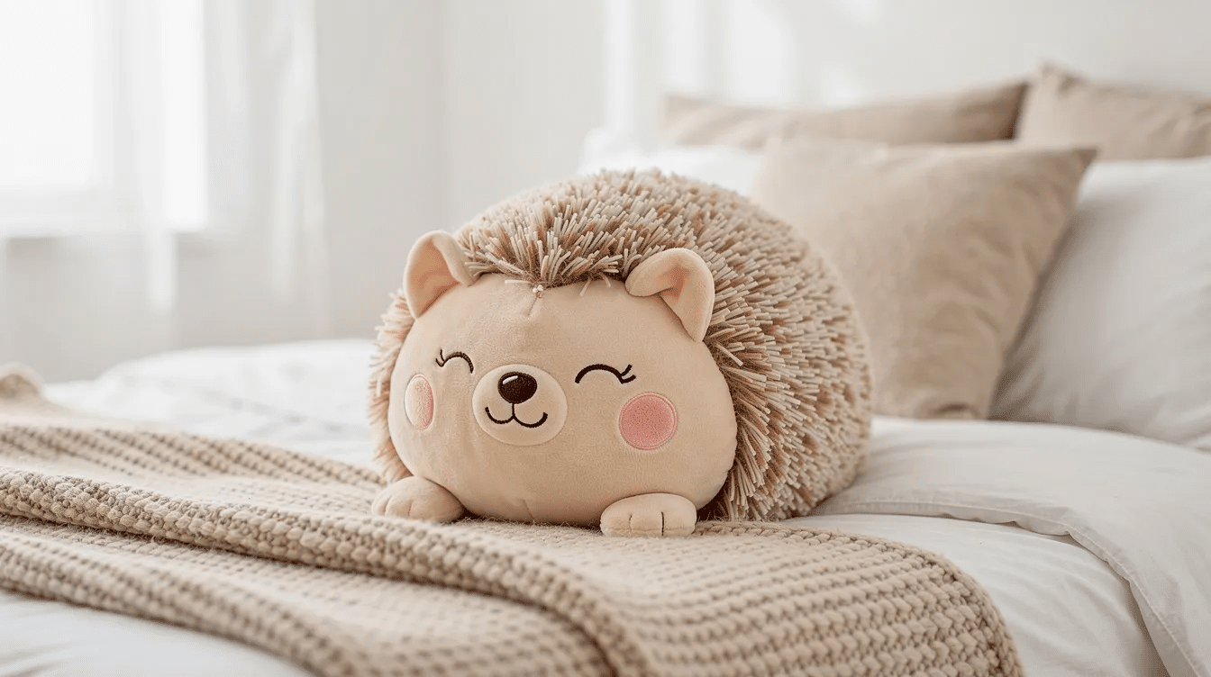 32a6ed1e-3303-4cf6-a996-60989fea6d6e The image features a cute hedgehog pillow, crafted from soft brown fabric with adorable details that resemble a hedgehog's face. This charming pillow adds a fun and cozy touch to any room, making it a perfect decorative item for families and children alike.