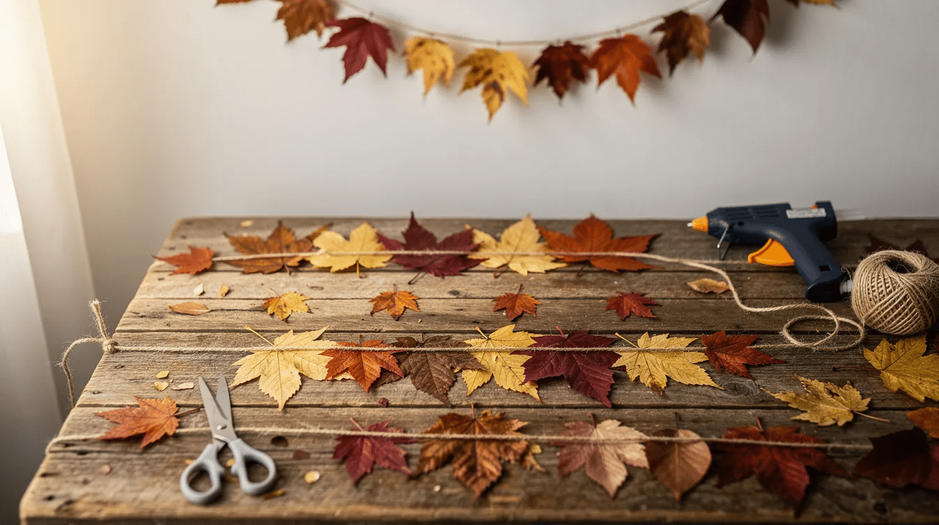 33b99893-6719-44f8-9c9f-e1ca00e66fc0 The image showcases a colorful display of fall leaf art and garlands, featuring vibrant leaves crafted from construction paper, mini pumpkins, and playful googly eyes. This fun fall craft is perfect for kids and families to celebrate the autumn season, adding a cozy touch to home decorations.