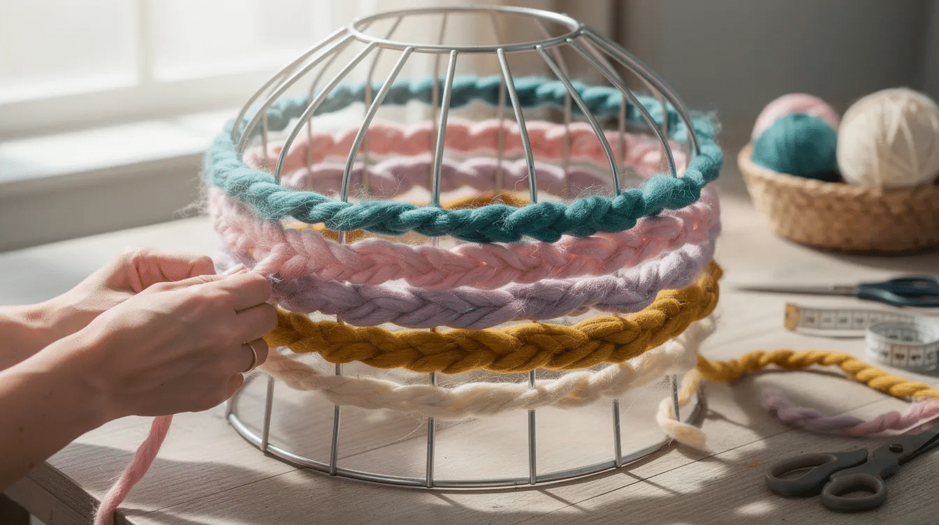 33e701c0-2a98-40c1-8130-79f6dd431b90 A bare wire lampshade frame sits on a craft table, with bright and colorful chunky yarn being wrapped around it, showcasing a DIY project that transforms an old lamp into a stylish piece of decor. Scissors and other tools are nearby, indicating a fun and creative atmosphere for this ikea lampshade hack.