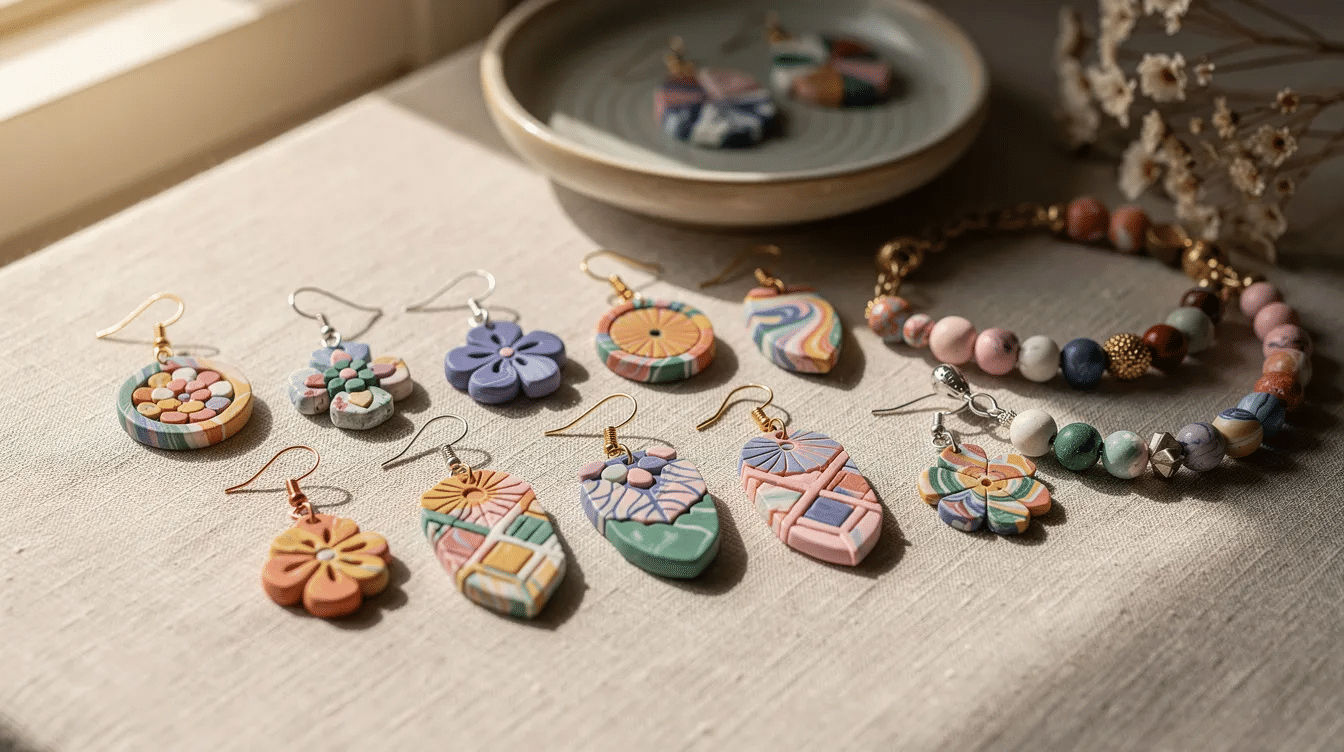 34bae2a0-72ee-4d21-913b-150929058529 The image showcases a vibrant assortment of polymer clay jewelry, including a pair of colorful earrings and a matching necklace, all featuring unique shapes and textures. The finished pieces display a blend of pink and gray hues, highlighting the fun and creative possibilities of DIY clay earrings.