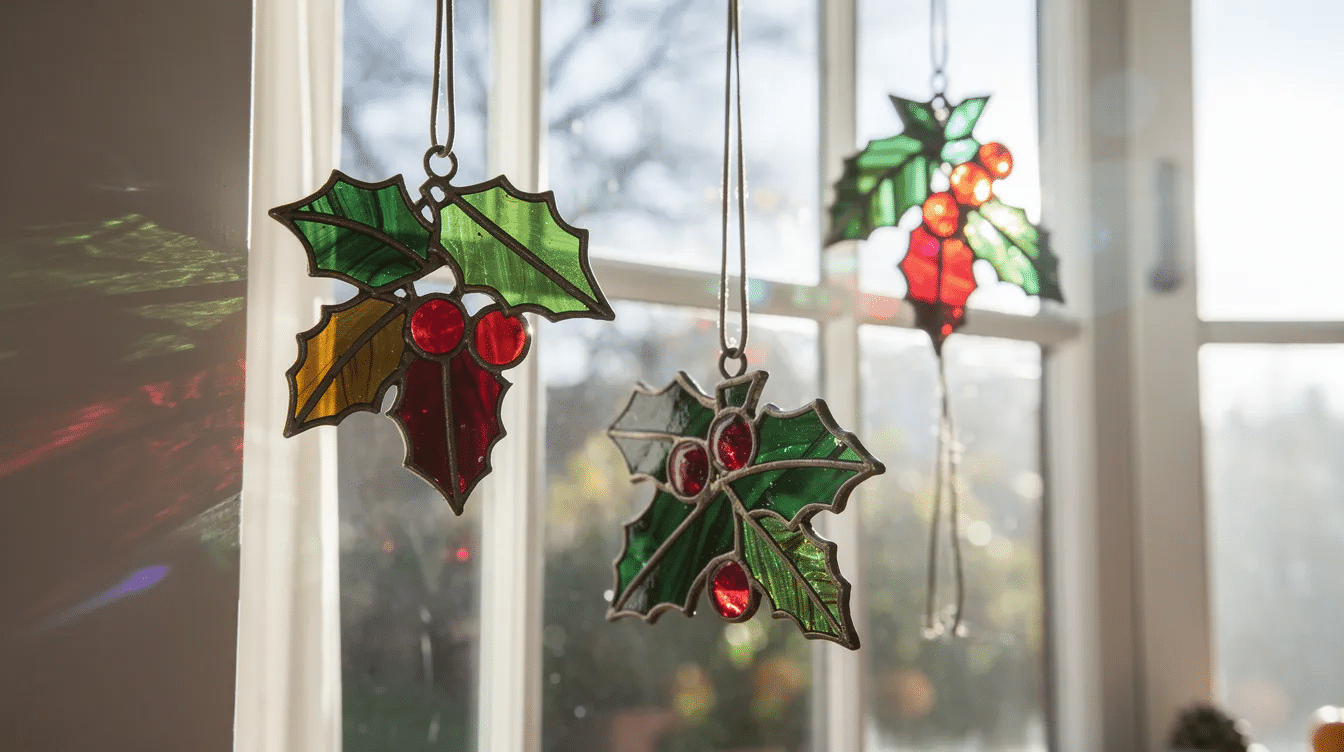 34ffa002-cd01-4f7e-be9b-fbd565f53620 Several translucent holly and ivy suncatchers hang in a bright window, casting colorful light patterns on the wall, creating a festive atmosphere reminiscent of a Christmas tree. The vibrant designs of the sun catchers add a touch of beauty and warmth to the space.