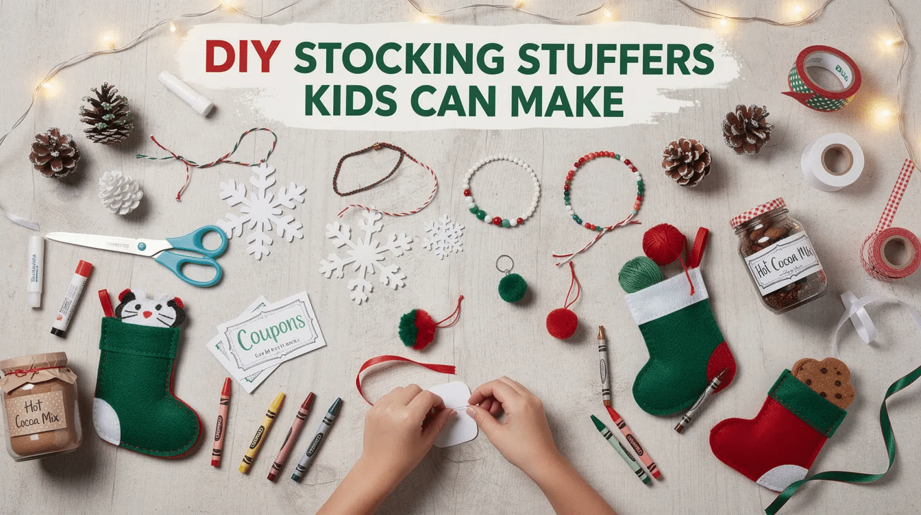 35038ea6-6502-4e18-a2e2-ac3aa6b3e9c5 The image showcases a variety of DIY stocking stuffers that kids can create, including colorful cozy socks, small toys, and thoughtful treats, perfect for filling Christmas stockings during the holiday season. These fun and creative stocking stuffer ideas encourage children to make special gifts for their family members and loved ones.